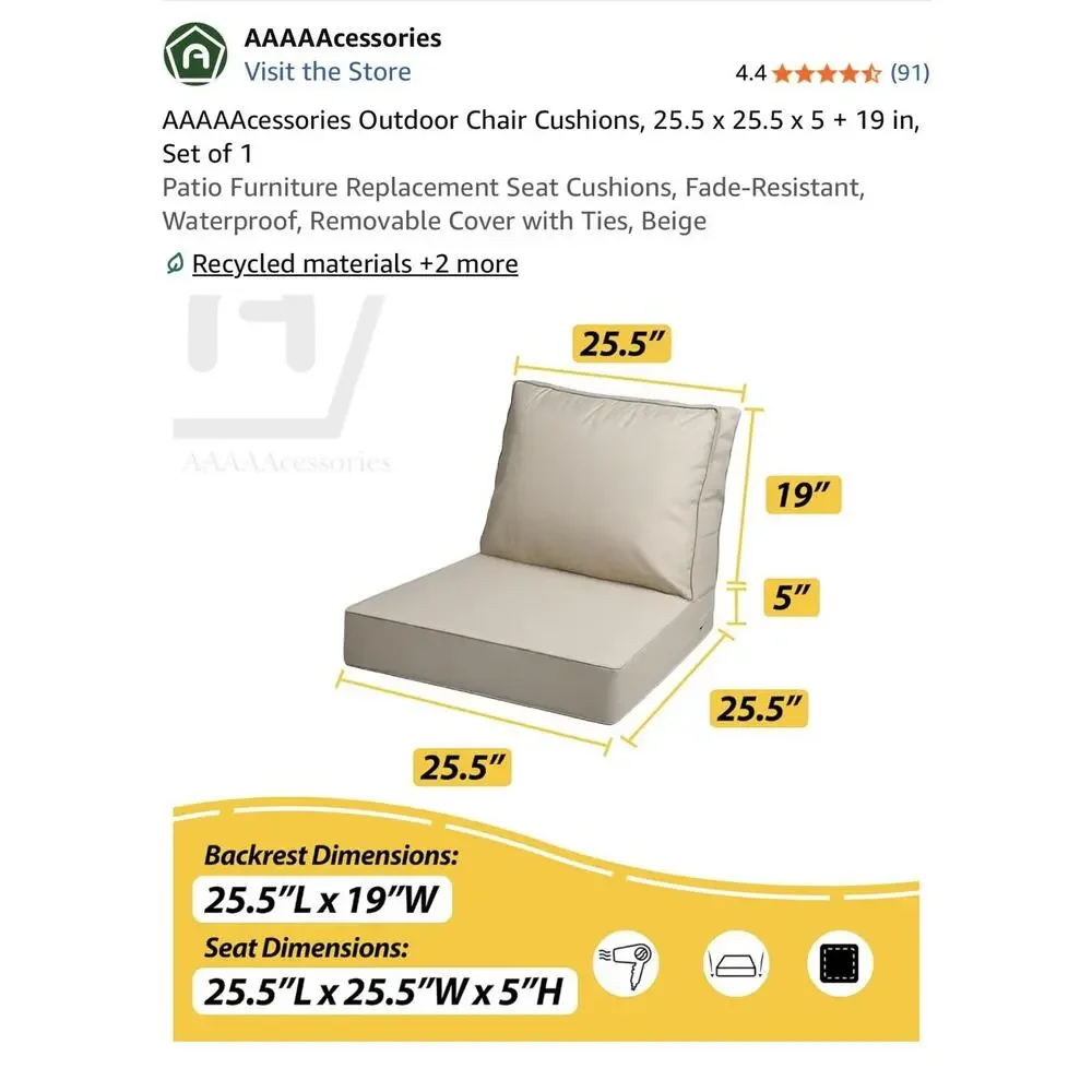 AAAAAcessories Deep Outdoor Seat Cushion 25.5 x 25.5 x 5 + 19 in -open box-beige